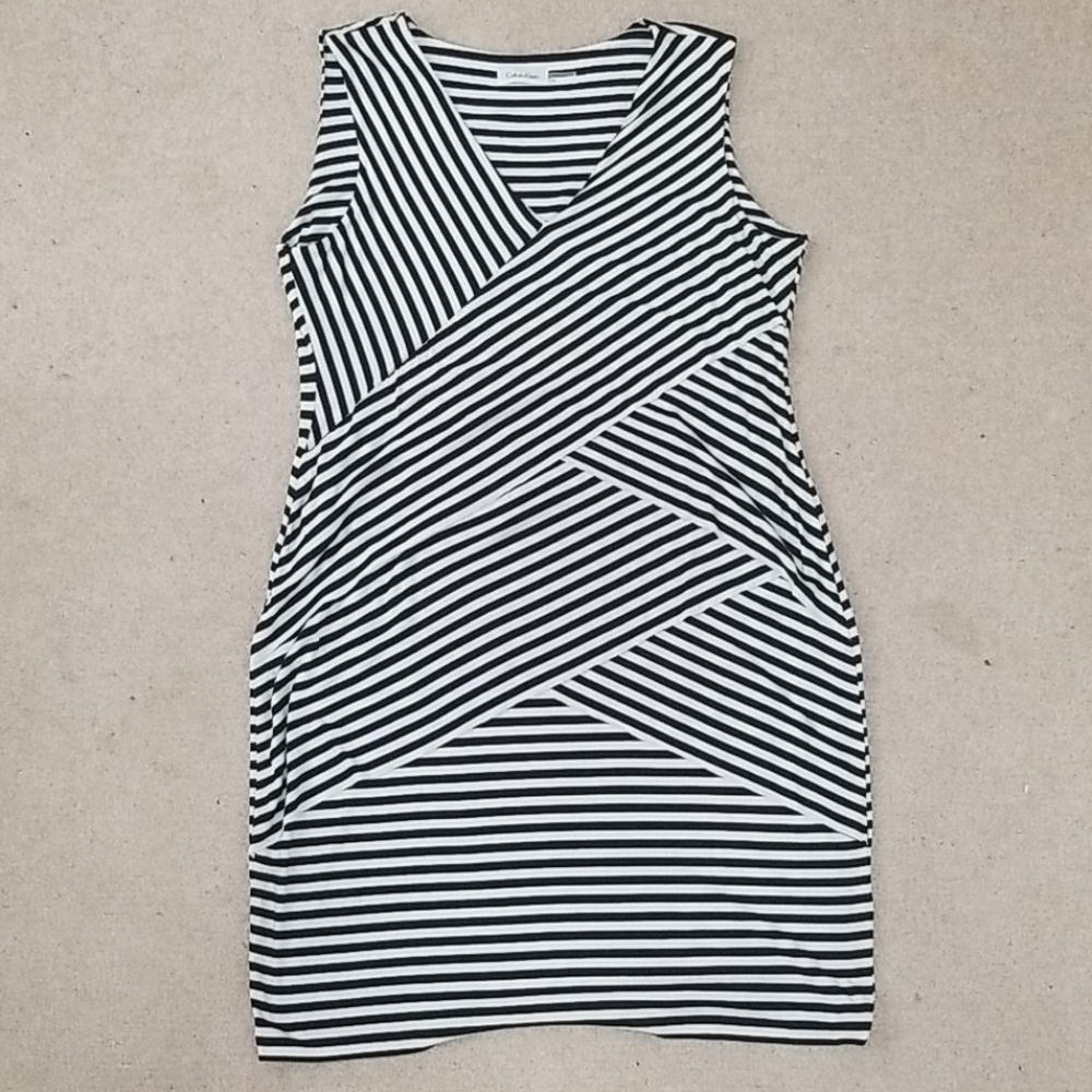 CALVIN KLEIN Black & White Striped Dress Sz 14
